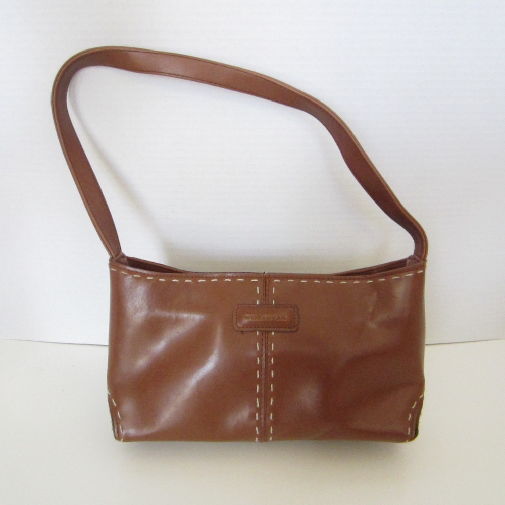 Whatever Brown Vinyl Small Handbag White Thread Border Zipper Pockets